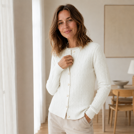 Pia finstickad kofta – kabelmönster med knappar