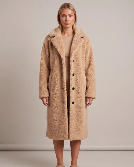 Delphine lång teddykappa – khaki