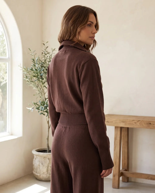 Winnie stickat set med vida byxor – chokladbrun