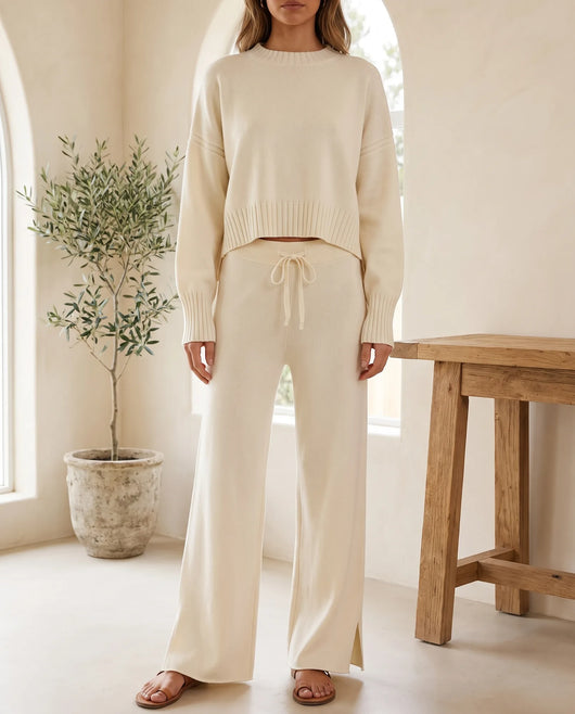Lyra stickat set med vida byxor – creme
