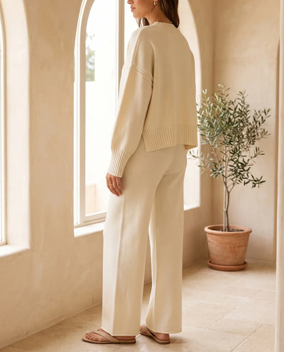 Lyra stickat set med vida byxor – creme