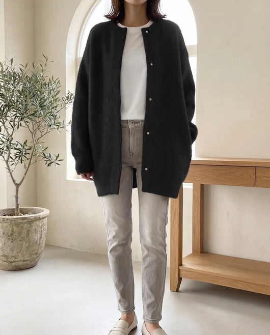 Wren stickad kofta – oversized med tryckknappar – svart