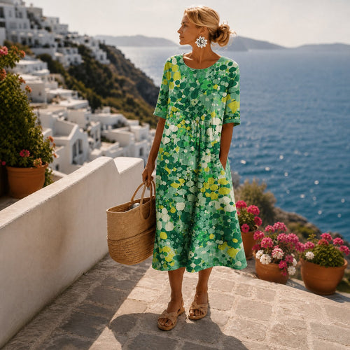 Elfriede sommarklänning med rund halsringning med blommönster