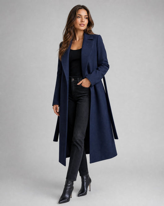 Clara trenchcoat i ull – marinblå