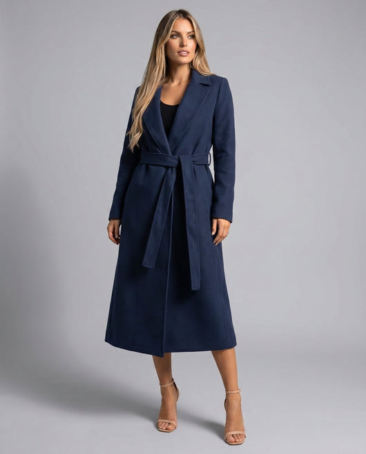 Clara trenchcoat i ull – marinblå