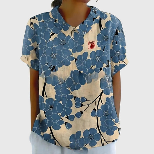 Katharina blus i linne med blommönster