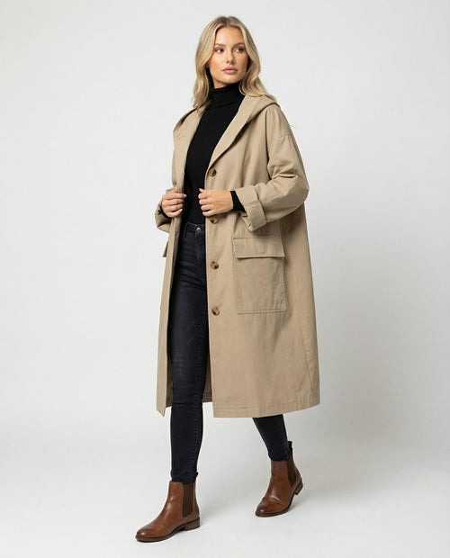 Annika trenchcoat med huva med knappslå