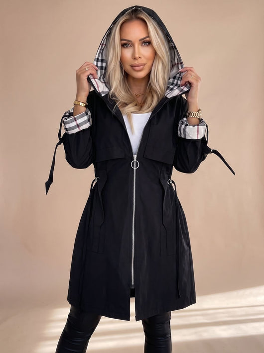 Luisa modern trenchcoat med huva och skärp