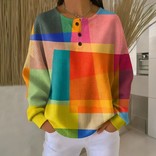 Lena våffelstickad sweatshirt – färgglad med knappslå