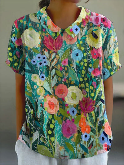 Greta blus i denim med blommönster