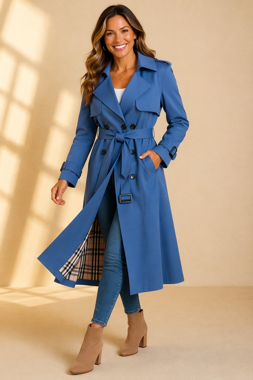 Mia trenchcoat med knappslå med rutmönster