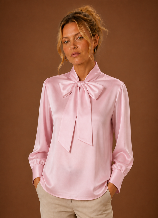 Blus i satinlook med rosett