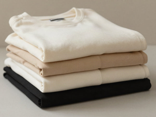 Stapel med tre omsorgsfullt vikta plagg i gräddvitt, beige och svart